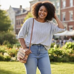 The Limited M Blue White Chevron Sheer Blouse 3/4 Bell Sleeve Relaxed Fit